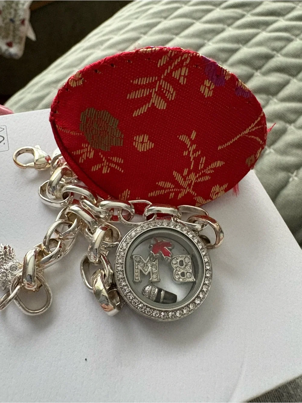 Origami Owl Silver Charm Locket Bracelet with Red Accent